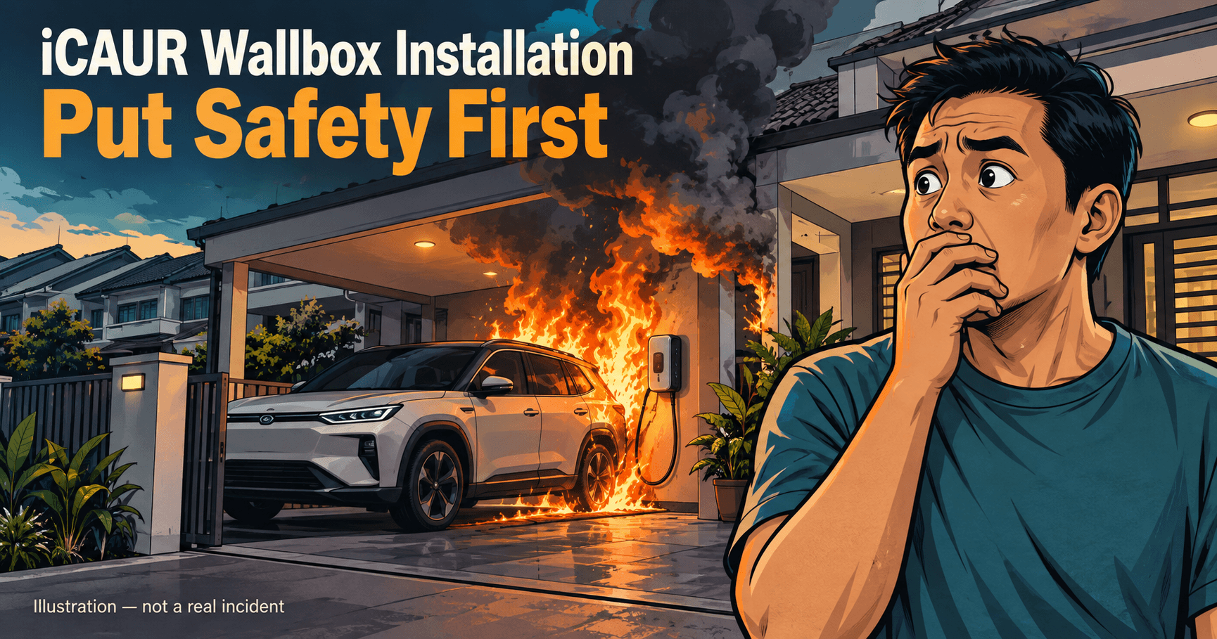 An illustrated owner and a fictional house fire near a charging EV, with the message Put Safety First. Illustration, not a real incident.